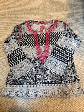 Calypso St. Barth Black & White Printed Tunic with Pink Embroidered Neckline